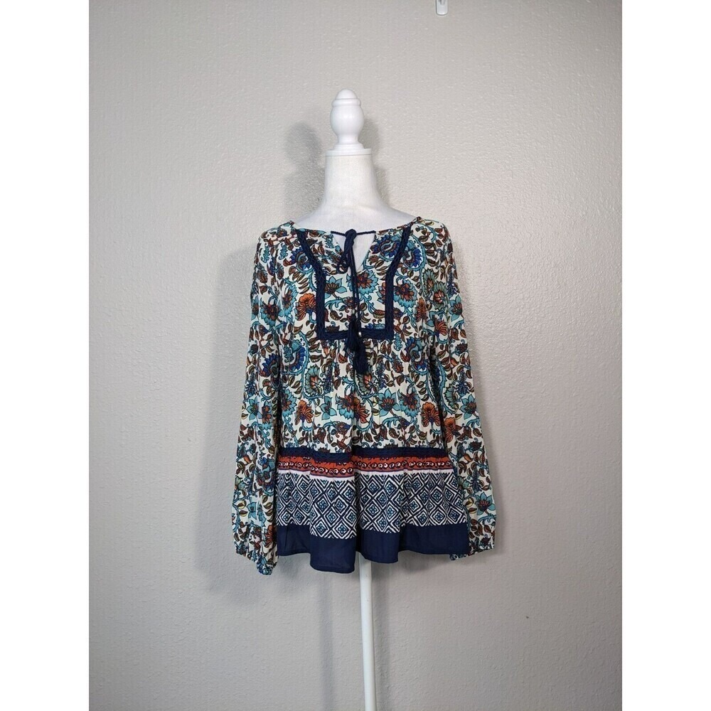 Daniel Rainn Floral Boho Blouse Crochet Tassel Peasant Long Sleeve Blue Sz S 349 - Picture 2 of 9